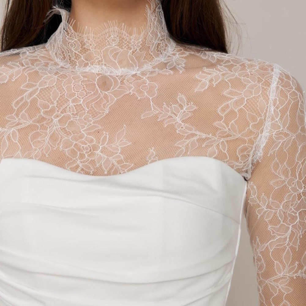Custom White Lace Bridal Bolero Wedding Topper High Neck Long Sleeve Size 6/8